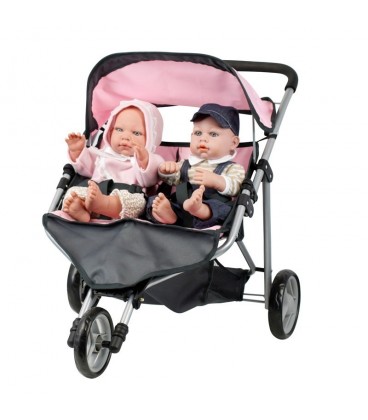 restaurant groei Dan Poppenwagen twin buggy roze/grijs | voor 2 poppen | Merk: Mini Mommy