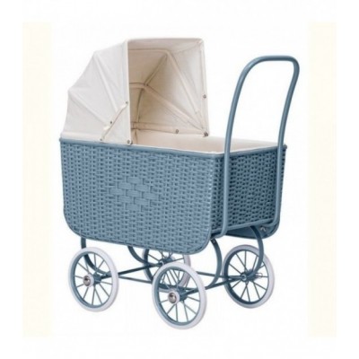 Poppenwagen Retro Rotan blauw